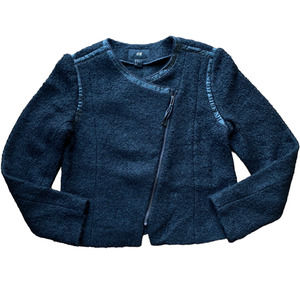 H&M Black Wool Moto Jacket Size 10 Cropped Coat Leather Boucle